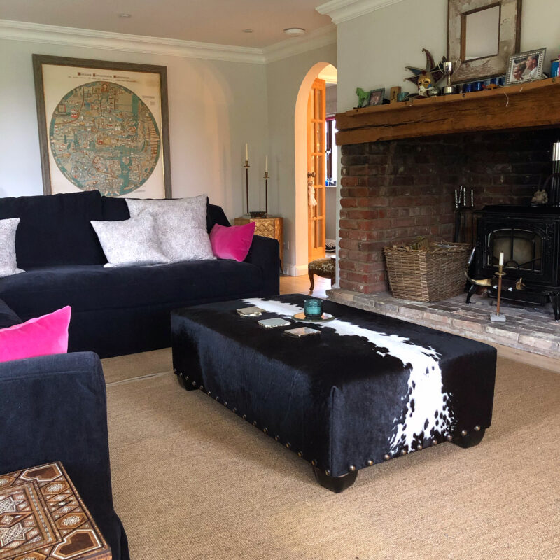 Black and white Nguni cowhide ottoman