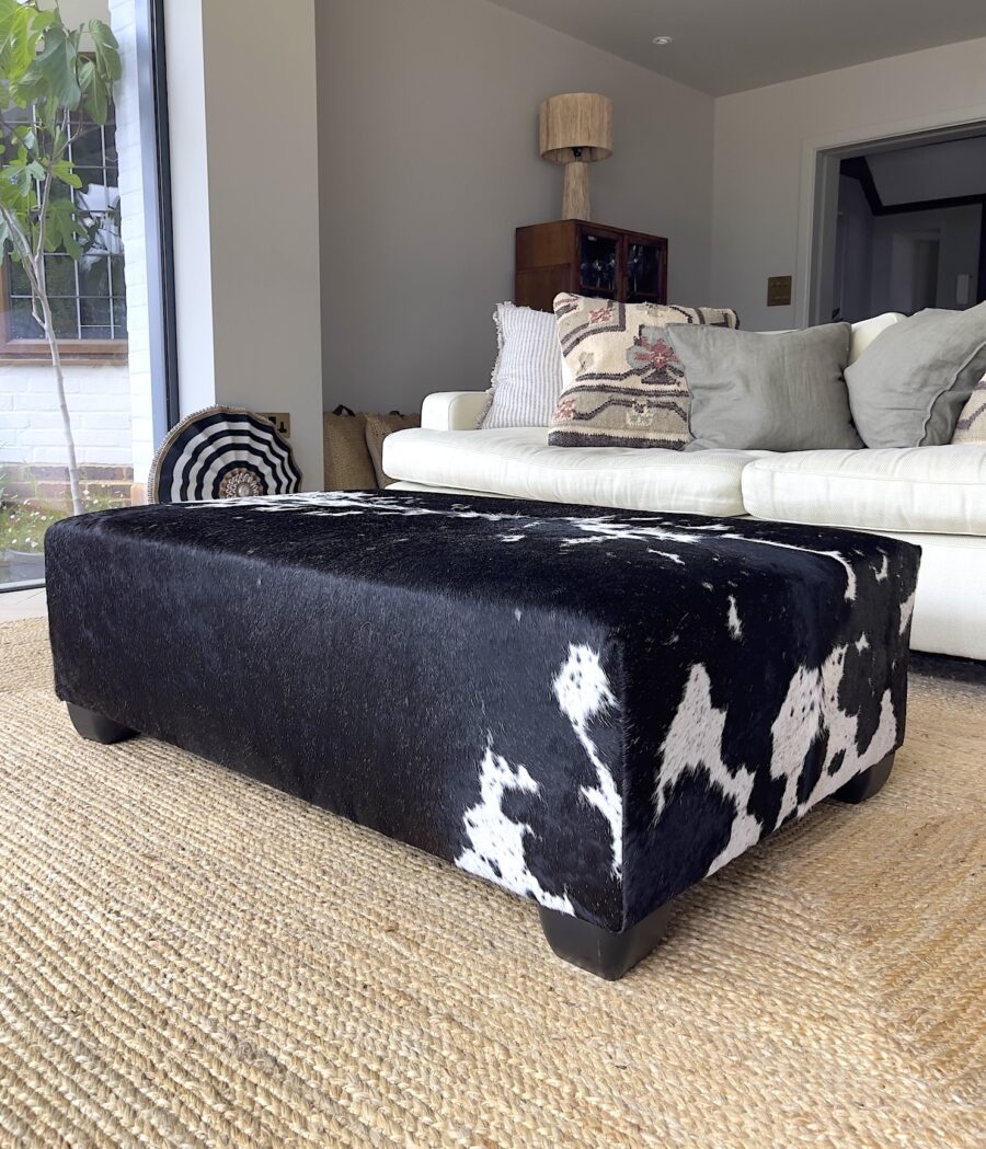 cowhide ottoman, cowhide footstool, bespoke furniture