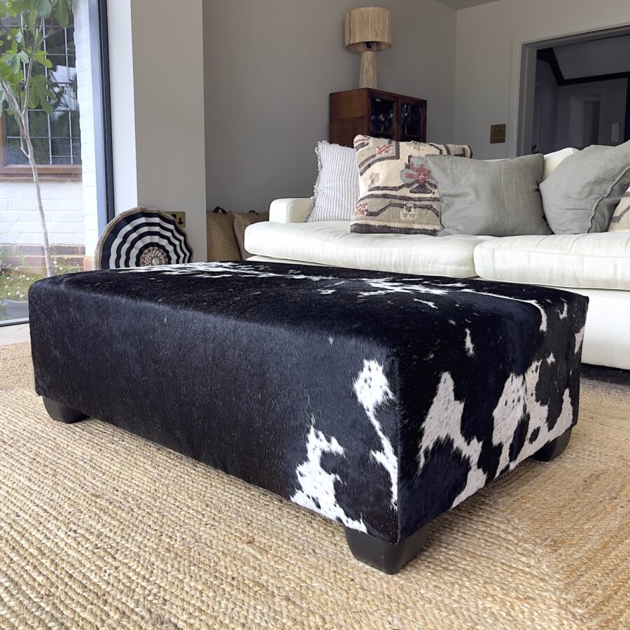 cowhide ottoman, cowhide footstool, bespoke furniture