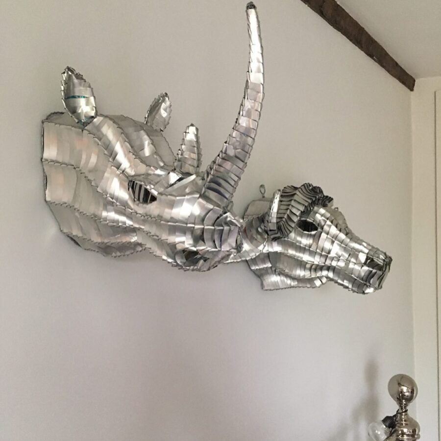 recycled beer-can head, tin head, 'stag' head, wall art, wall hanging, 'stag' head