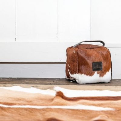 Zulucow Nguni ethically and sustainably sourced cowhide door stop, tricolour brown and white doorstop, interiors, home accessories, christmas unisex presents