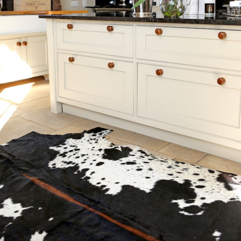 Tricolour cowhide sustainable rug, ethically sourced, natural 