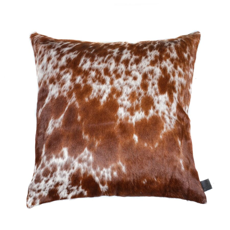 cowhide cushion, cushions, animall print cushion, brown and white, splodgy sustainable interiors