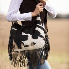 Cowhide Crossbody Purse with Fringes Western Handbag Clutch Black Brown  Leather