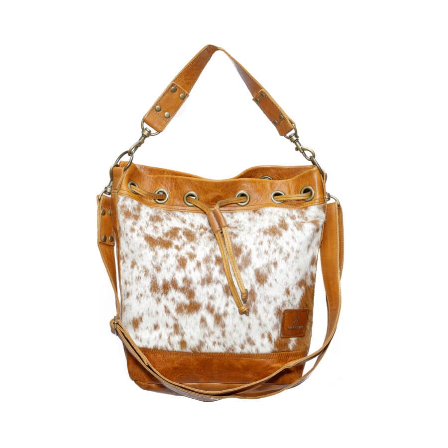 cowhide bag, bucket bag, ethically made bag, artisan-made bag, sustainable bags, handmade bags, tan handbag