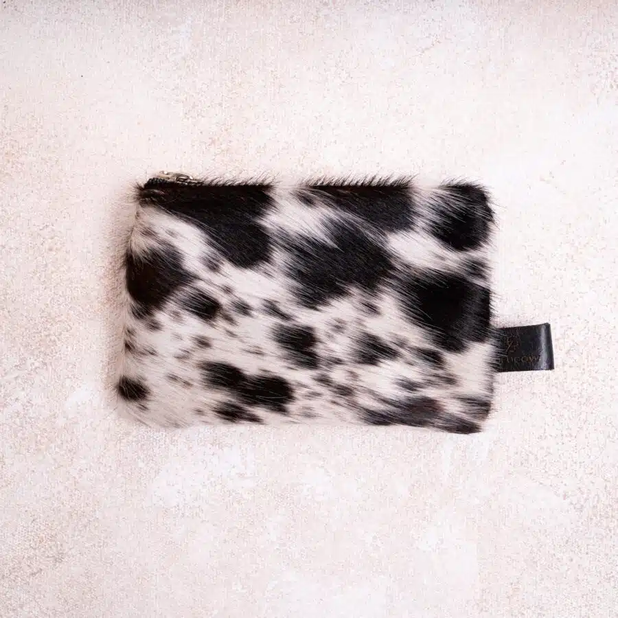 cowhide purse, black and white, accessories, sustainable, ethically-made, clutch