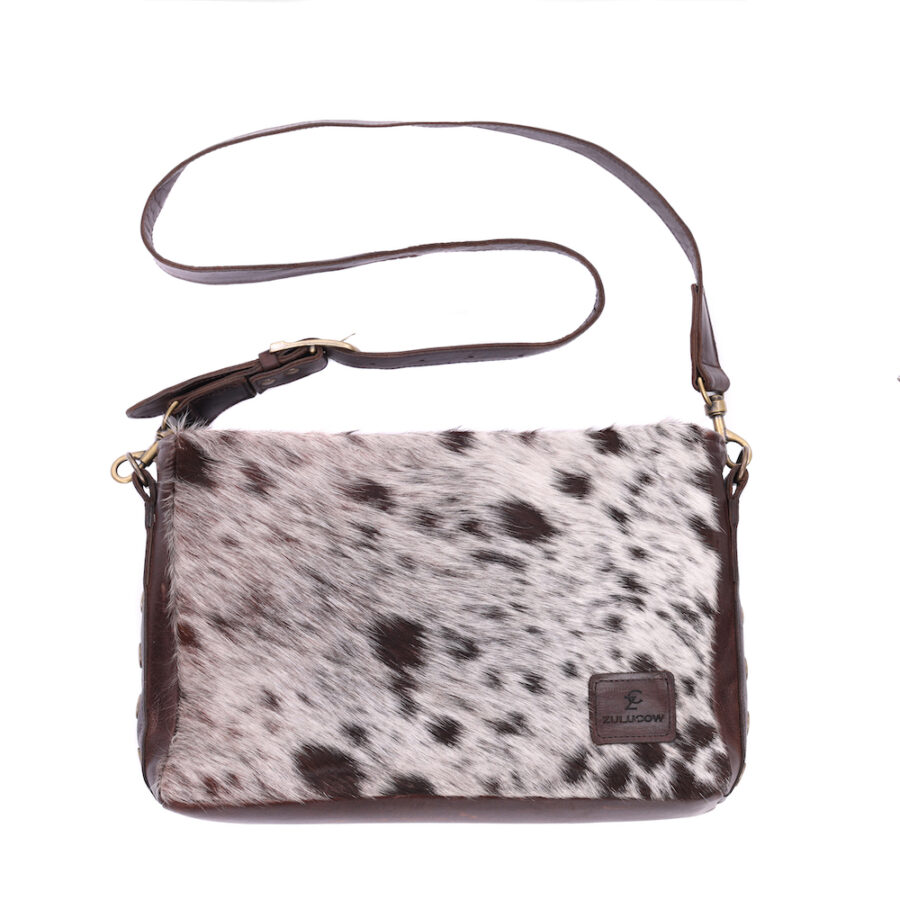 Genuine brown and white leather and cowhide crossbody bag with natural patterns