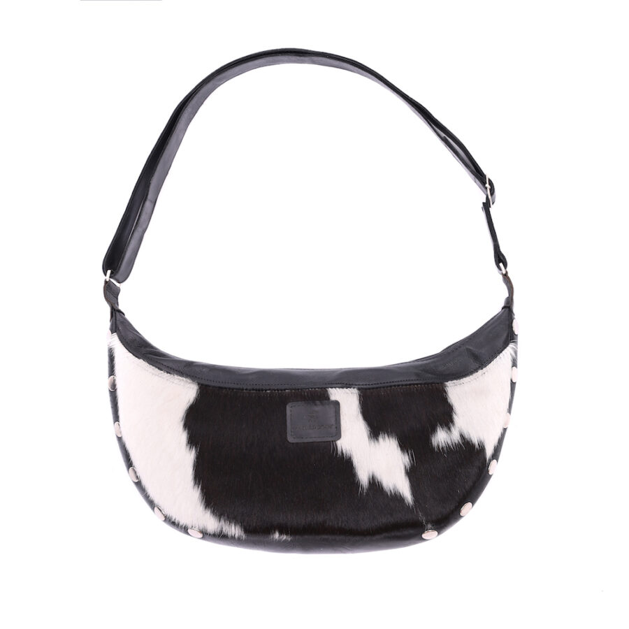 Genuine black and white leather and cowhide crossbody bag with natural patterns