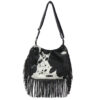 Cow print cowhide fringe bag – handmade, stylish, and empowering Zulu artisans.