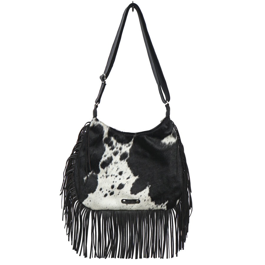 Cow print cowhide fringe bag – handmade, stylish, and empowering Zulu artisans.