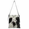 Brown Cowhide Messenger Bag, in a chestnut cow print, with a crossbody strap and yellow velvet lining.
