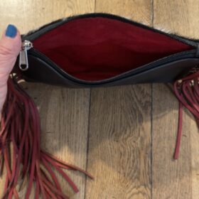 cowhide black and white red fringes, cowhide western purse with red suede lining