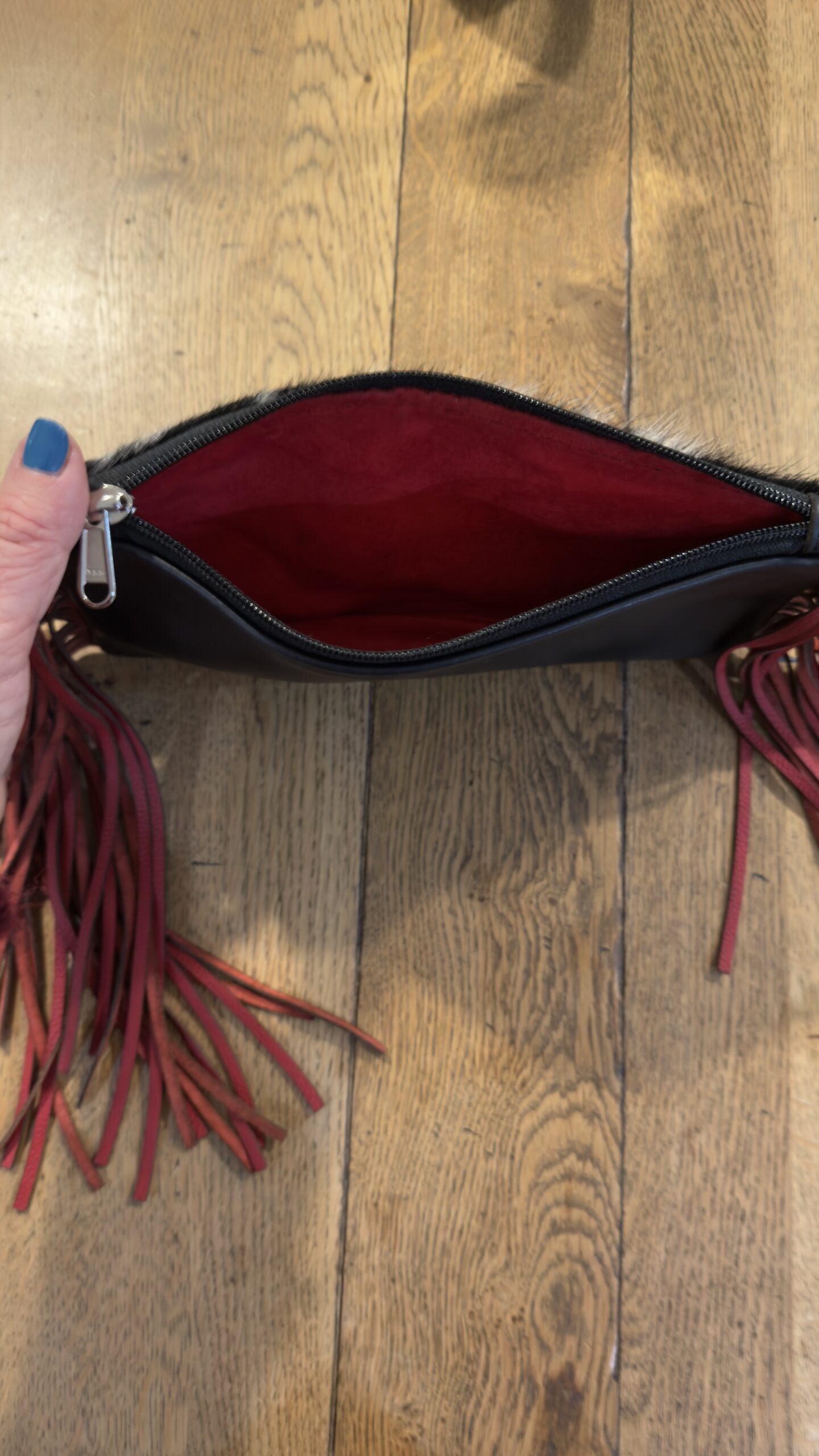 cowhide black and white red fringes, cowhide western purse with red suede lining