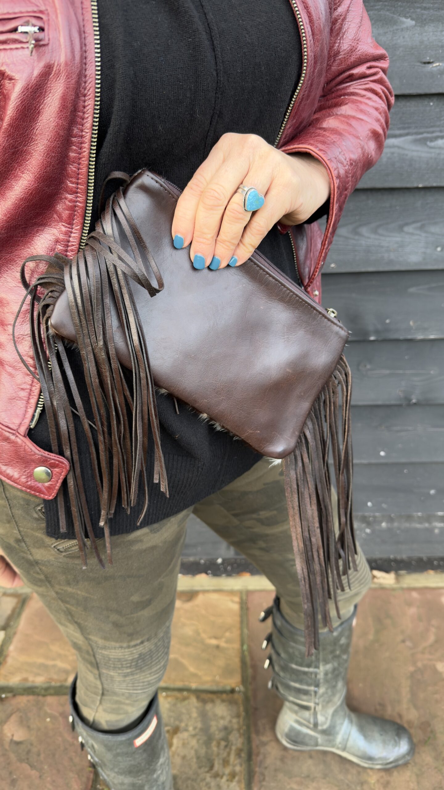 leather back of a cowhide western purse