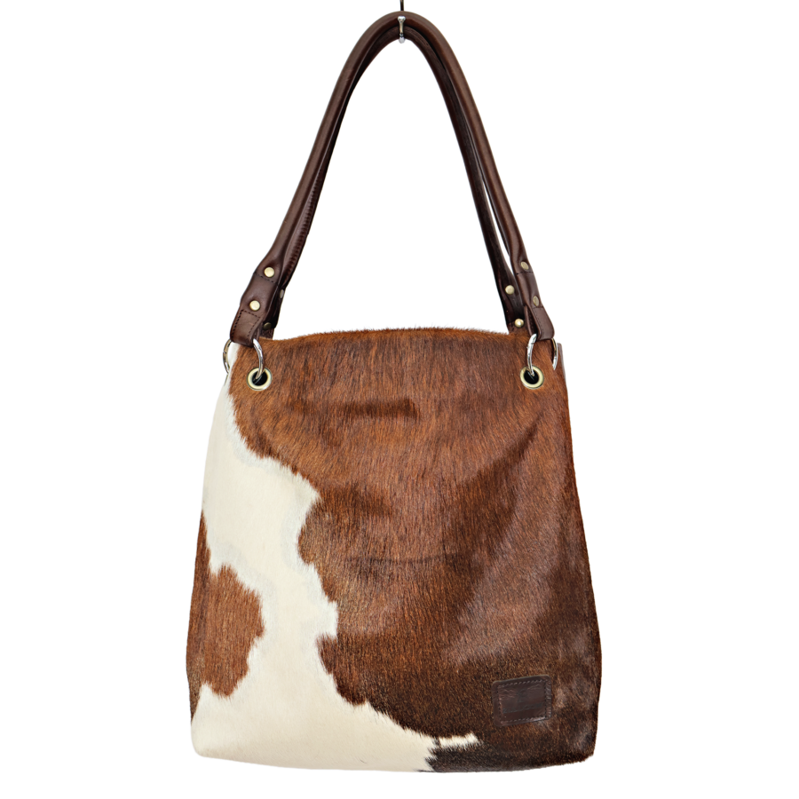 Zulucow Nguni cowhide Slouch bag in brown and white hair-on hide, handmade in South Africa