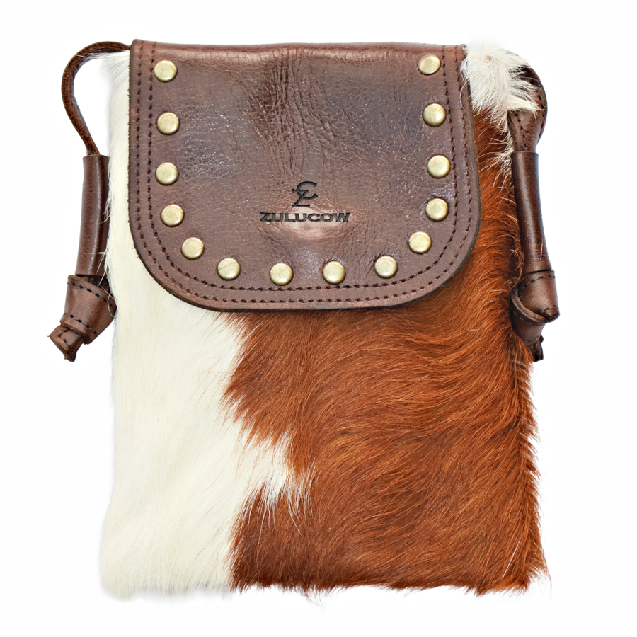 Real cowhide Mini Phone Bag with unique Nguni markings, artisan-made Nguni leather phone bag